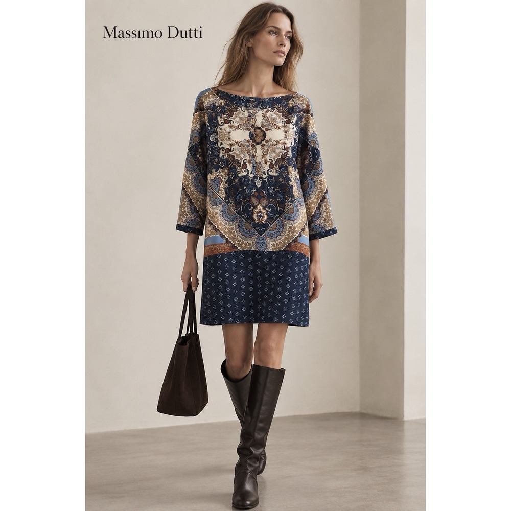 Massimo Dutti Scarf Print Dress Shift 4 Paisley Blue Cream 3/4 Sleeve Portugal